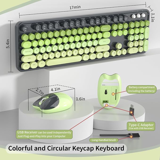 Wireless Keyboard and Mouse, MOFII 104 Round Keycaps Retro Typewriter with OTG & Brush, Full-Size Ergonomic, Ideal for Windows PC, Home, Office and College Gray Green - Image 5