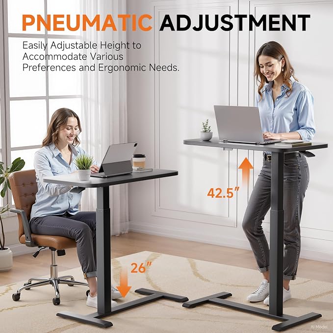 GTPLAYER Small Standing Desk with Hidden Wheels, Pneumatic Mobile Rolling Laptop Desk, Adjustable Height Overbed Bedside Table Computer Workstation for Home Office (32" W x 16" D, Black) - Image 4