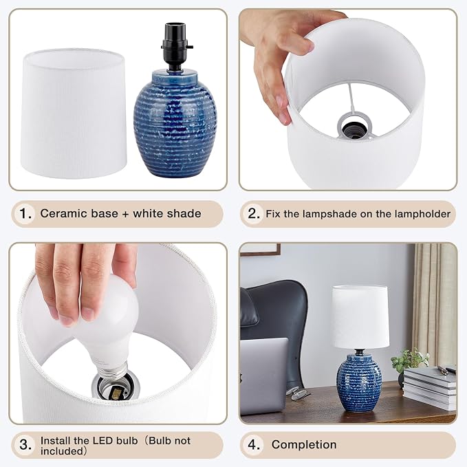 EJIAXIN Small Bedside Lamps -13.75" Farmhouse Table Lamps - Classic Ceramic Table Lamp for Bedroom, Living Room, Nightstand, Office, Side Desk Lamp, End Table - Image 9