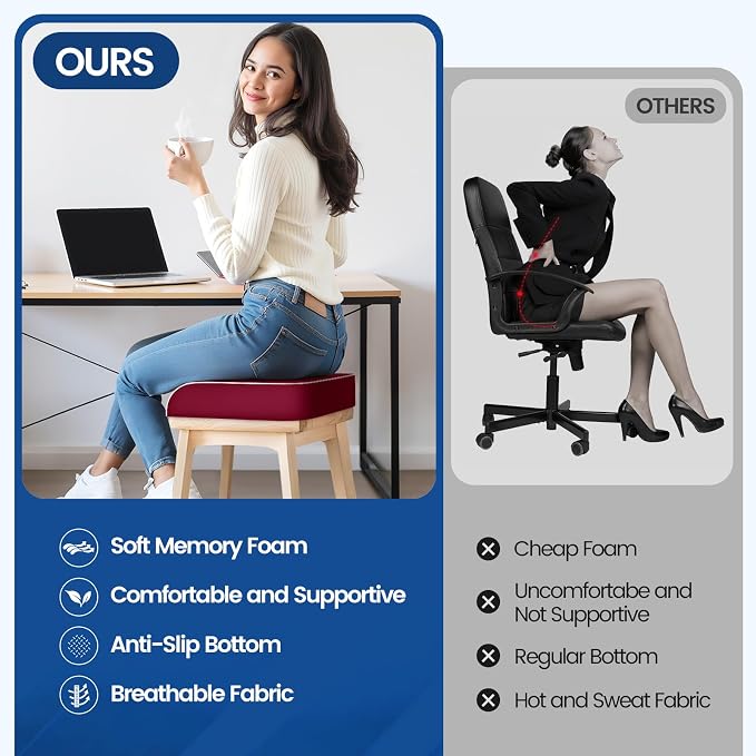 SweetSlubr Seat Cushion, Chair Pad, Memory Foam Tailbone Pain Relief | Office Chair Cushion for Tailbone Pain Relief, Non-Slip Cover, Soft Support for Office Chair, Car Seat, Airplane,2X-Large/Red - Image 7