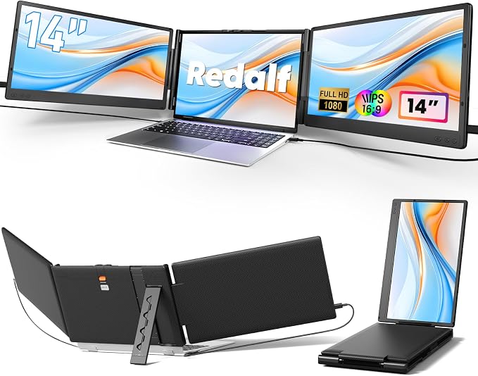 Redalf 14" Triple Laptop Screen Extender, FHD 1080P Portable Laptop Monitor | Auto-Adjust Width, Plug & Play via USB-C/HDMI, Fits 13–17" Laptops, Dual Monitor for MacOS/Windows/Chrome by Redalf