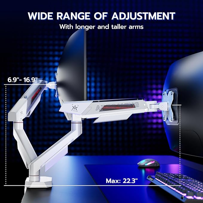 ARES WING 17-35 Inch Heavy Duty Dual Monitor Arm with USB, White | Fully Adjustable Monitor Mount for Flat Curved Ultrawide Screens Up to 26.5lbs, C-Clamp & Grommet Base, 75/100 Vesa Mount - Image 5