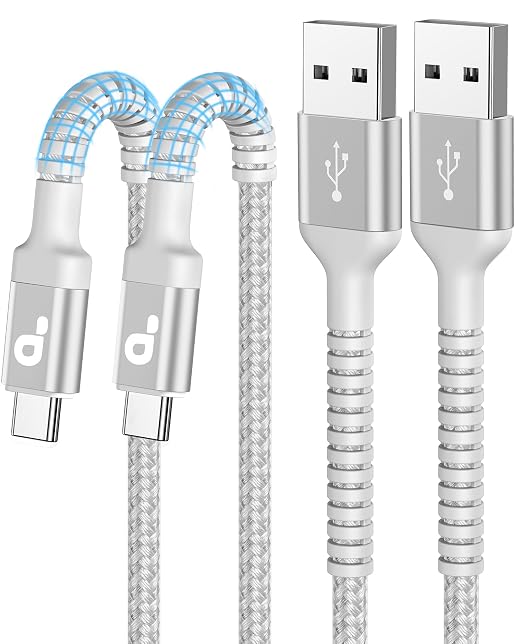 USB C Cable [2 Pack, 10FT], Long USB A to USB C Charger Cable, Type C Cable | 3A Fast Charging Upgraded Extra Durable Braided USBC Cord for iPhone 17/16 15 Pro Max/Samsung Galaxy S26 S23 and More-Silver by PRAKIE