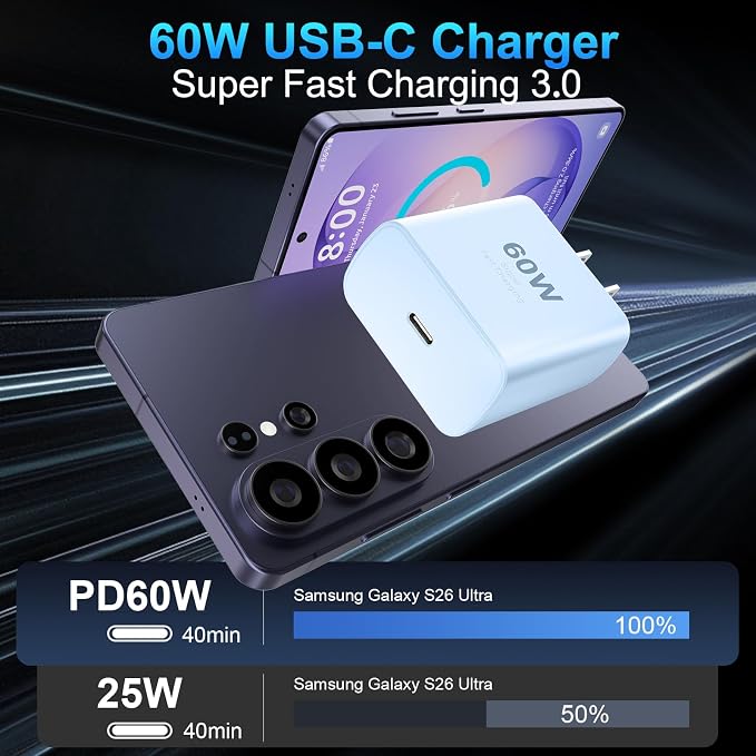 Super Fast Charger Type C 60W USB C Fast Charger Block with 10FT Extra Long Type-C Charging Cord-Super Fast Charging 3.0 for Samsung Galaxy S26 Ultra/S26/S26+/S25 /S24/S23 Ultra-Blue - Image 2