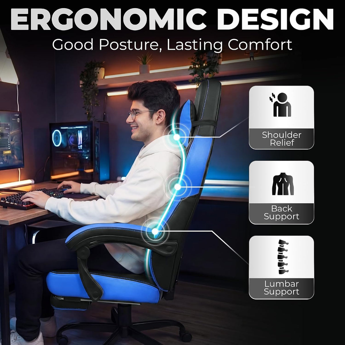 N-GEN GAMING Big & Tall Gaming Chair with Footrest, Lumbar Support, Blue - Image 4