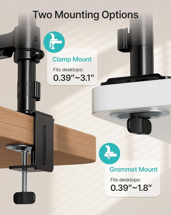 Dual Monitor Stand for 17-32 Inch Screens, Gas Spring Arms | Full Motion Mount with Cable Management, Support up to 19.8 lbs，Computer Monitor Arm with Clamp/Grommet Base - Image 4