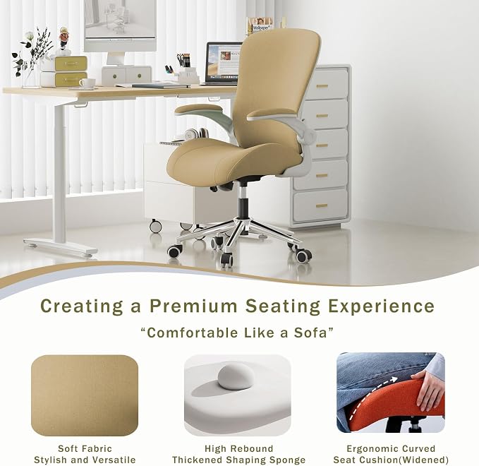Kahki Ergonomic Office Desk Chair, Soft Fabric Thickened Curved seat Cushion with Adjustable Lumbar Support, Perfect Blend of Comfort and Good Looks, Ideal Chair for Home or Office, Khaki - Image 3