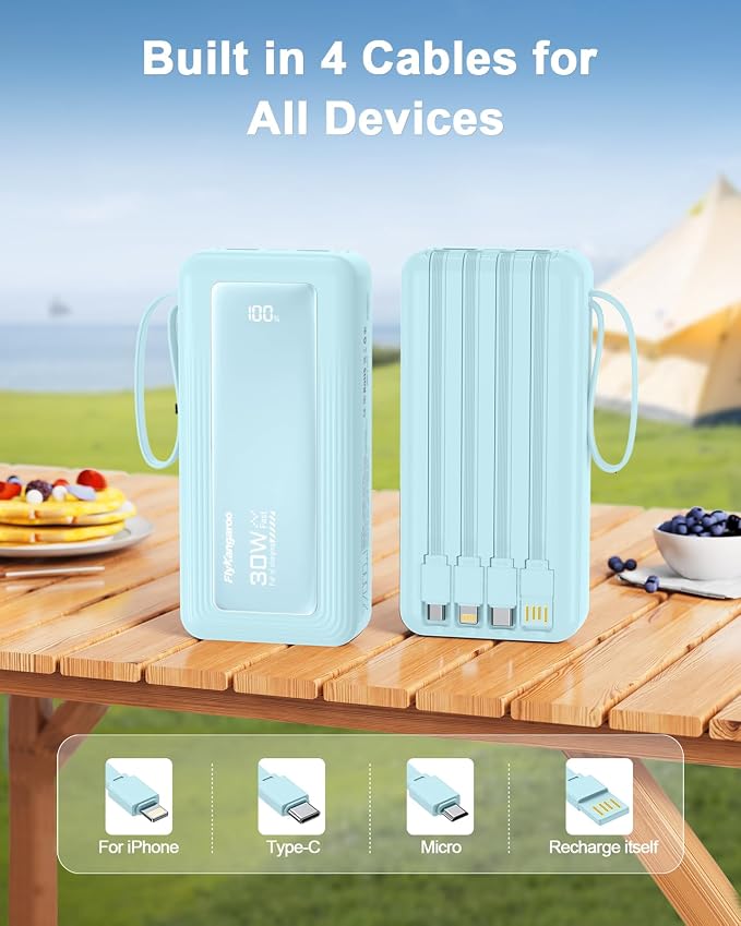 Portable Charger 27000mAh 30W Fast Charging Power Bank | Built-in Cables, LED Display, 6 Outputs & 2 Inputs, USB C Battery Pack, Compatible with iPhone, Samsung, Google - Image 3