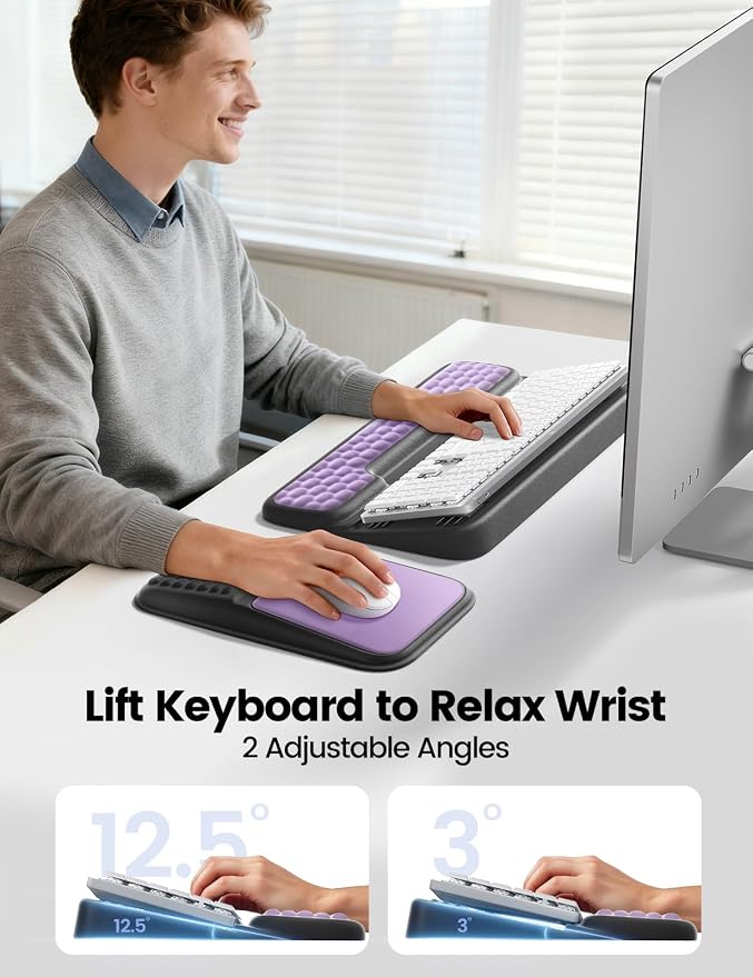 Vaydeer Keyboard Stand and Mouse Pad Set Wrist Rest, Computer Wrist Support Pad, Memory Foam Desk Cushion Mouse Support, Ergonomic Tilt Keyboard Riser Lift, Palm Hand Typing for Office, Home, Gaming - Image 2