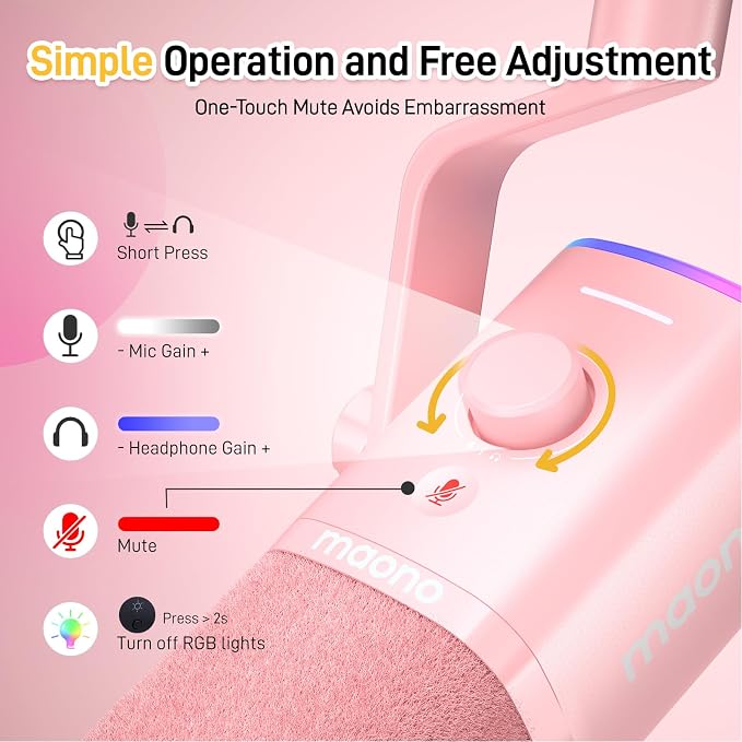 MAONO XLR/USB Gaming Microphone for PC, Dynamic Computer Mic for Streaming Podcasting, Noise Reduction, Mute, Volume Control, RGB Boom Mic for Vocal Recording,Voice-Over, PD100XS Pink - Image 6