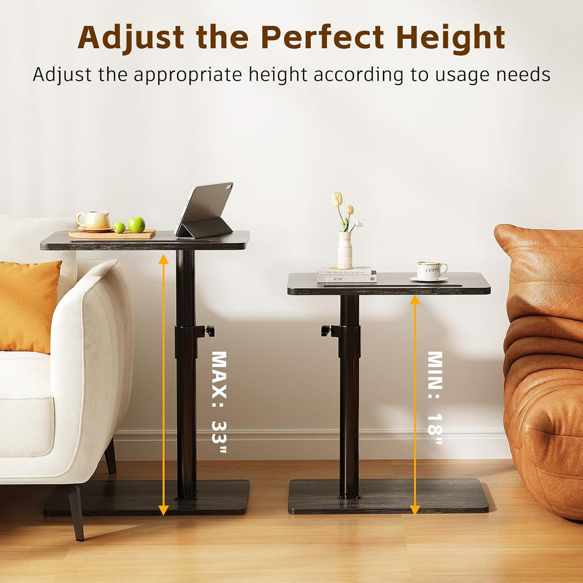 CAIYUN C Shaped Side Table, Height Adjustable Swivel 360° Rotating, Bend Table for Small Spaces, Sofa Side Table with Metal Frame for Living Room, Bedroom, Grey Oak - Image 4