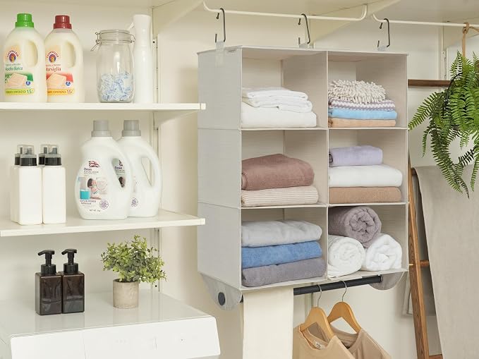StorageWorks Hanging Closet Organizer with Rod, 6 Sections, 3 Tiers, White | Maximize Closet Space with 6 Open Sections and Built-in Rod for Hanging Clothes Below - Image 5