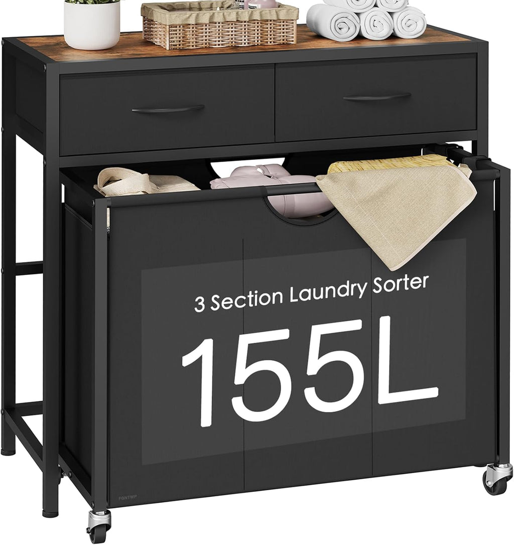 Laundry Sorter 3 Section with Tabletop & 2 Drawers, Rolling Laundry Hamper with Pull-Out and Removable Bags, Laundry Basket Organizer with Wheels and Shelf, Metal Frame Rustic Brown for Laundry Room by TEENFON