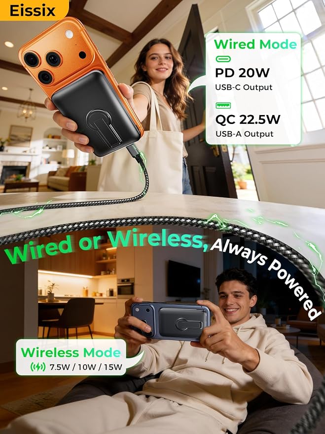 Portable Charger 12000mAh, Foldable Stand, for Magsafe Power Bank | Flight-Safe, 22.5W Fast USB-C & Magnetic Wireless, Power 3 Devices, LED Display, for iPhone 17/16/15/14/13/12, Travel/Cruises - Image 5