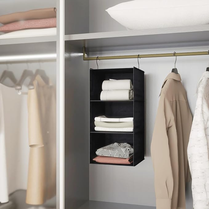 Hanging Closet Organizer 3-Shelf, Oxford Fabric Wardrobe Storage, Black | Easy-mount foldable design holds clothes, handbags, shoes & accessories; washable Oxford fabric, sturdy and space-saving. - Image 7