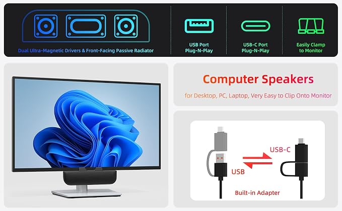 Computer Speakers for Desktop PC, Monitor Speakers, USB Plug-in, Wired, External Speaker for Laptop, Small Computer Soundbar for PC, with Loud Sound, Deep Bass, USB-C Adapter, Easily Clamp to Monitor - Image 2