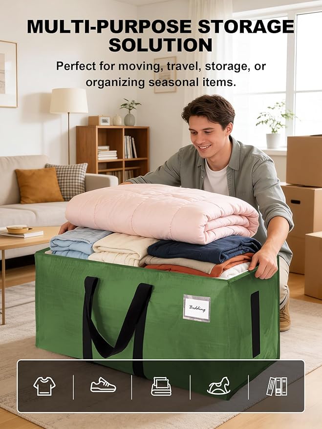 HOMESURE Supports 200lbs Heavy Duty Moving Bags - Strong Zipper & Wrap-Around Handles - Water-Resistant Storage Totes, Durable Alternative to Moving Boxes - 40 Pack - Olive Green - Image 4
