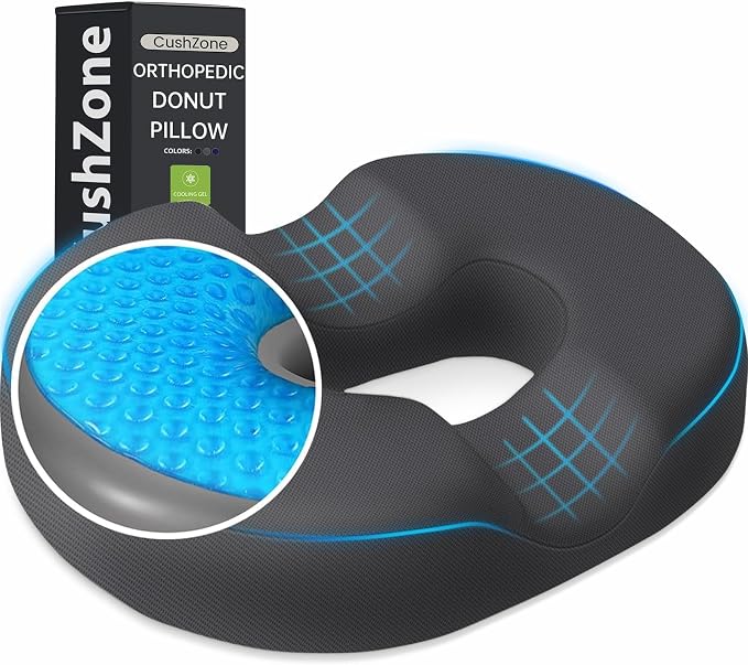 Donut Pillow Seat Cushion, Cooling Gel Memory Foam Chair Cushion, Grey | Office, Home & Car Seat Cushion, Butt Pillow for Tailbone Pain Relief, Hemorrhoids and Everyday Sitting Comfort by CushZone