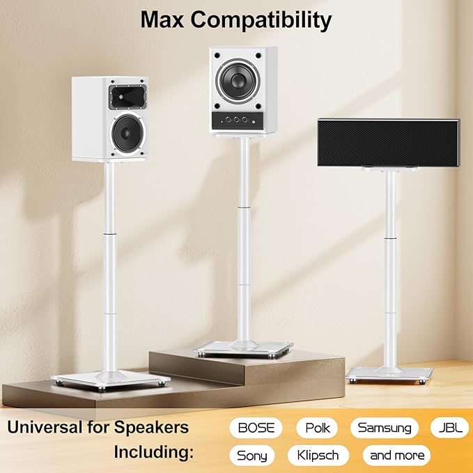 Speaker Stands Pair, 28"-37.4" Height Adjustable, Max 22 lbs, Glass Base | Surround Sound Speaker Stand with Cable Management, Universal Floor Stand for Bookshelf Satellite Studio Large Speaker, White - Image 7