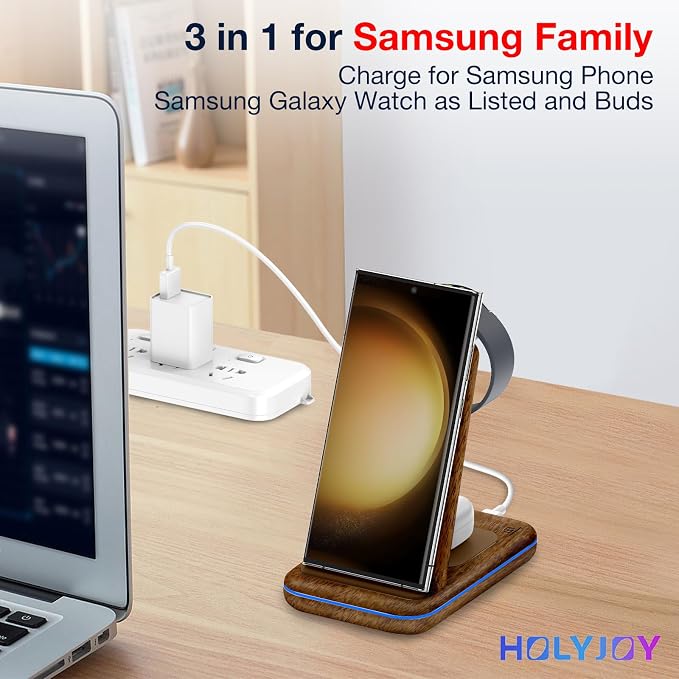 Wireless Charger for Samsung/Android, HOLYJOY Foldable 3 in 1 Fast Charging Station/Stand/Multi Charger for Samsung S25 Ultra/S24/Note 20, Travel Pad for Galaxy Watch 8/7/6/5/Active 2, for Buds(Wood) - Image 5