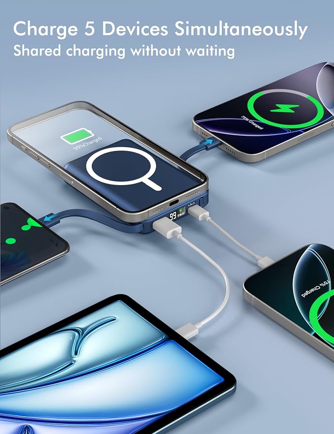podoru for Magsafe Power Bank, 10000mAh Magnetic Portable Charger | Built-in Double USB-C Cables, 20W PD Fast Charging Wireless Battery pack for iPhone 17/16/15/14/13/12 Series-Navy Blue - Image 2