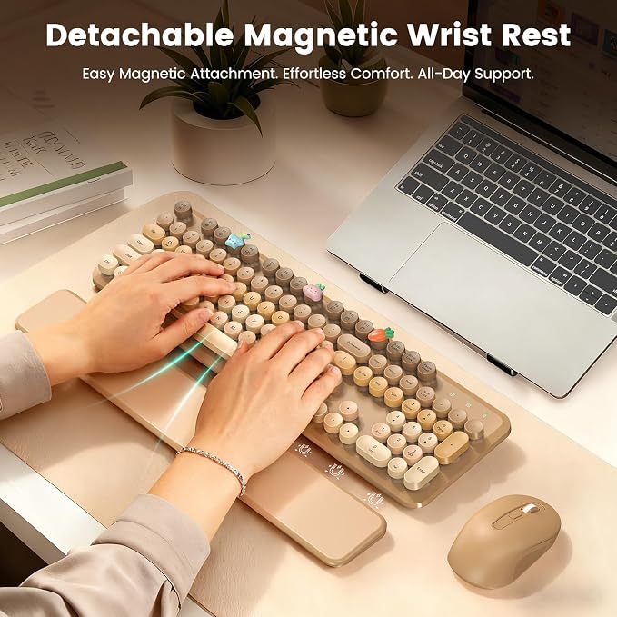 Wireless Keyboard and Mouse Combo, Full-Size Retro Typewriter Keyboard with Round Keycaps, Magnetic Wrist Rest & Tilt Legs, 2.4GHz Cordless for Mac/Windows PC/Laptop, SABLUTE CK23, Latte Gradient | Full-Size Retro Typewriter-Style Keyboard, Tilt Legs, ... - Image 2