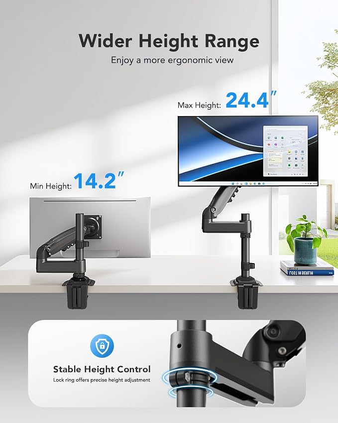 HUANUO Single Monitor Arm, Adjustable Desk Mount for 13-34 inch Screens, Holds 19.8lbs, 22.44 inch Max Height, Full Motion Swivel Gaming Monitor Stand with VESA 75x75mm and 100x100mm Compatibility - Image 4