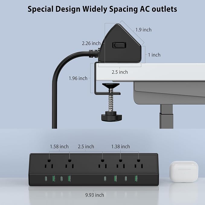 Jgstkcity Desk Clamp Power Strip,45W Fast Charging Station,4 USB-C,4 USB-A,Desk Mount Surge Protector,1875W Extension Cord with Multiple Outlets,ETL Listed,for Home Office Dorm Room | 4 USB-C,Edge Mount,1875W Extension Cord,15A Switch,ETL Listed,Office... - Image 7