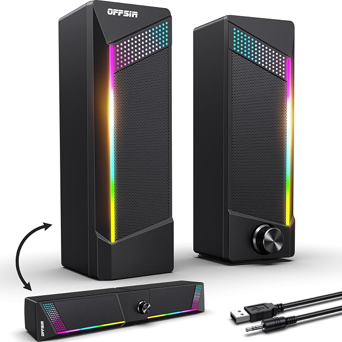 Computer Speakers, 2 in 1 PC Speaker , Gaming Speakers for PC Computer Laptop Desktop Monitor, RGB Speakers with Touch Sensitive Lighting, USB Powered 3.5mm Aux（Package Only Two Speaker, No Soundbar） by OFFSIR
