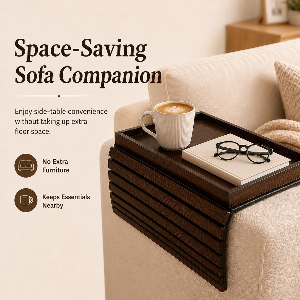 Bamboo Couch Arm Tray with Walnut Finish, Foldable Sofa Armrest Tray - Image 5