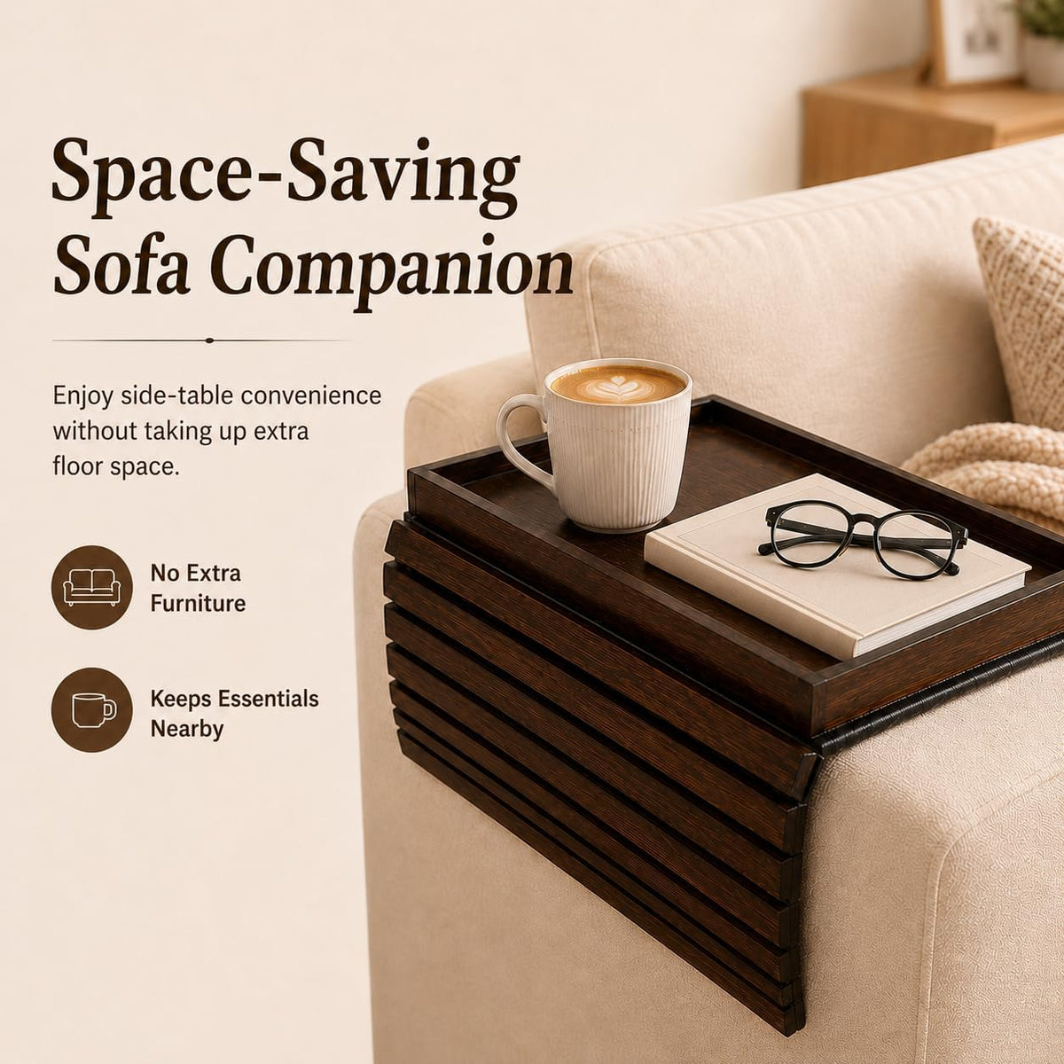 Bamboo Couch Arm Tray with Walnut Finish, Foldable Sofa Armrest Tray - Image 5