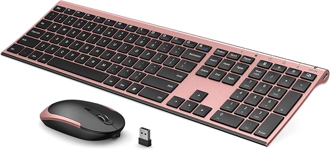 Vssoplor Wireless Keyboard and Mouse, Rechargeable Ultra Slim, Rose Gold | Quiet Full-Size Keyboard and Mouse Combo Set, for Laptop, PC, Notebook, Desktop, 2.4GHz Stable Connection, Ideal for Office by VssoPlorWirelesskeyboardMouse