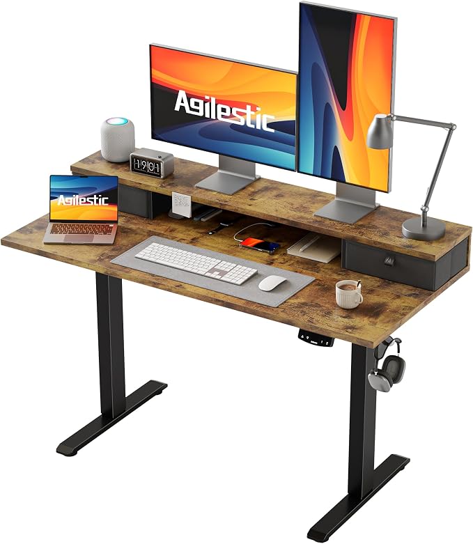 Agilestic 48 x 24 Inches Electric Standing Desk with 2 Storage Drawers, Adjustable Height Sit and Stand Computer Table with Splice Board, Rustic Brown | Electric Height Adjustable, 2 Storage Drawer, Monitor Stand, Sturdy Steel Frame, Memory Presets, Ho... by Agilestic
