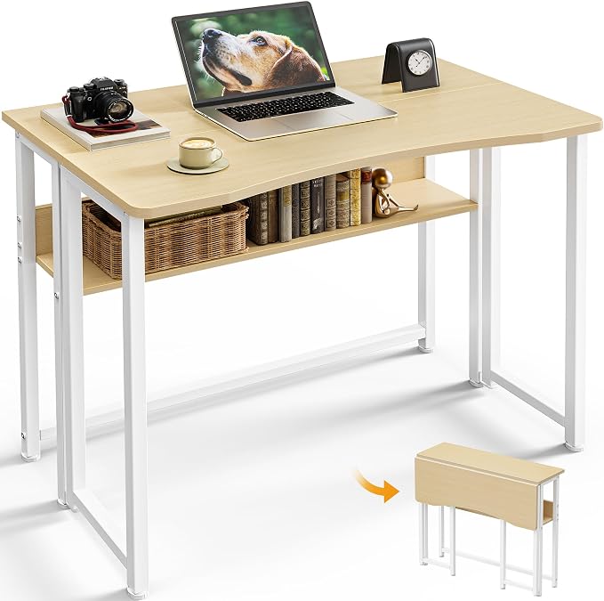 Huuger Folding Desk with Storage Shelf, 31.5 Inch Foldable Computer Table | Writing Work Office Computer Desk for Small Spaces, Space Saving Sofa Table for Couch, Easy to Fold, Oak by Huuger