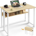Huuger Folding Desk with Storage Shelf, 31.5 Inch Foldable Computer Table | Writing Work Office Computer Desk for Small Spaces, Space Saving Sofa Table for Couch, Easy to Fold, Oak by Huuger