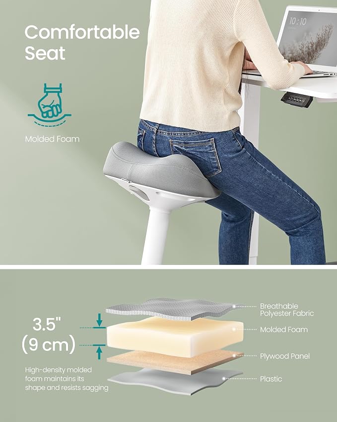 SONGMICS Ergonomic Wobble Stool, Height Adjustable Standing Desk Stool 23.3-33.1 Inches, Swivel Balance Chair with Non-Slip Base, Saddle Seat, for Active Sitting, Office, Home, Dove Gray UOSC008G01 - Image 5