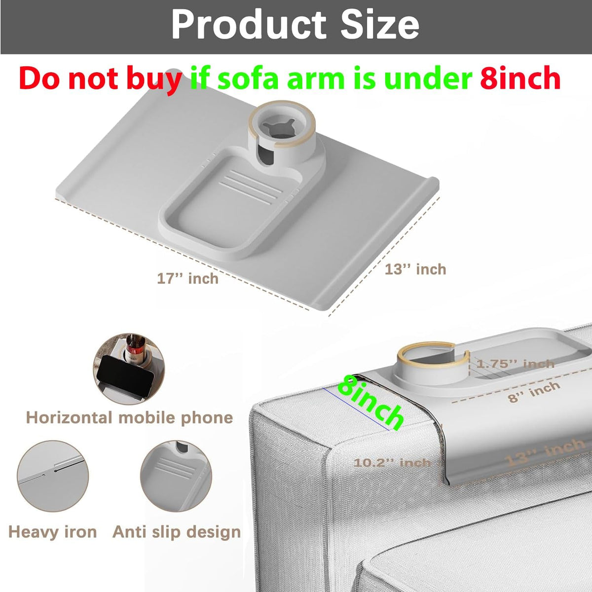 Couch Cup Holder Tray for 8 inch Sofa Arm,Silicone Couch Drink Holder-Flexible Couch Caddy for Phone, Snacks, and Remotes, Gifts for Mom, Gifts for Women - Gray - Image 3