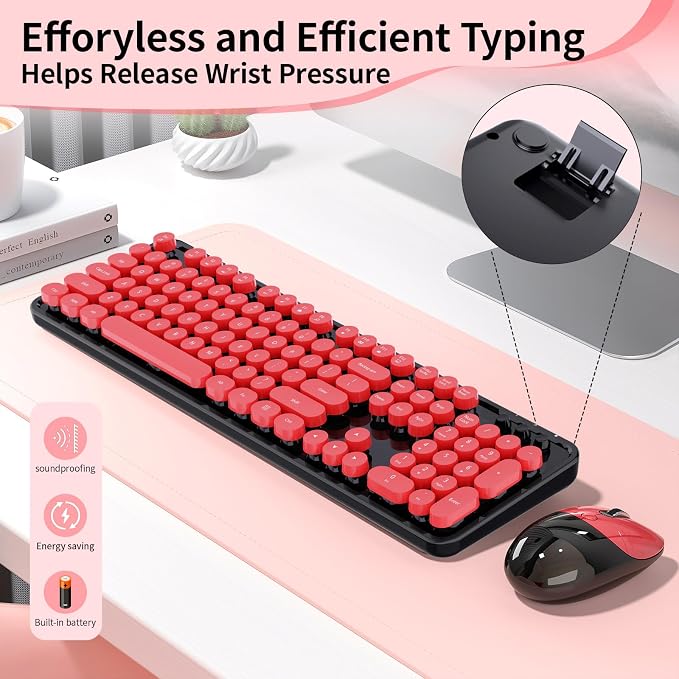 Wireless Keyboard Mouse Combo, 104 Keys Cute Colorful Typewriter Black Red | Full Size With Number Pad & Mouse,1600DPI,Compatible With All Windows,Ideal For Computer, PC, Notebook, Laptop - Image 6