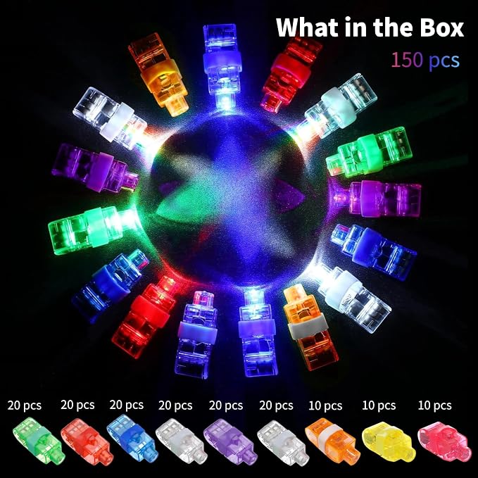 150Pcs LED Finger Lights, 9 Colors Finger Flashlights, Battery Powered Light Up Finger Ring Toys, Mini Finger Lamps, Glow in The Dark Party Supplies for Rave Concert Shows - Image 7