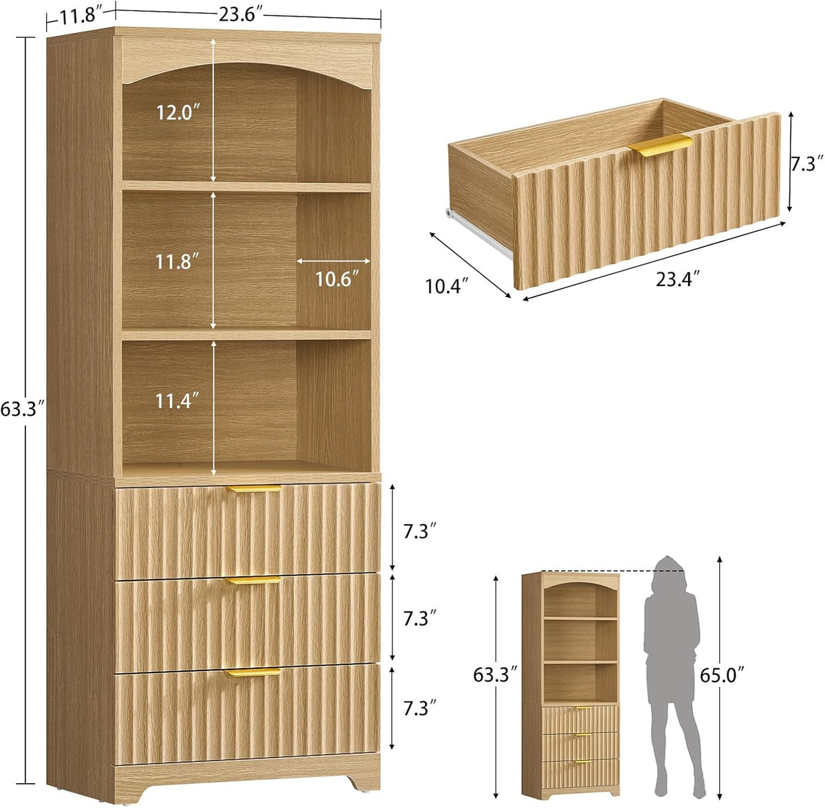63.3" Tall Bookshelf, Bookshelves and Bookcases with Drawers, Arched Design Bookcase with Storage Cabinet, Natural Wood Grain Wave Pattern Storage Shelves for Living Room, Bedroom,Office - Image 2
