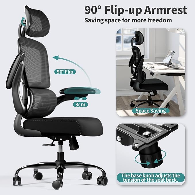 TRALT Office Chair Ergonomic Desk Chair - Gaming Chair with Lumbar Support | 330 LBS Home Office Desk Chairs with Headrest, Reading Chair with Flip-up Armrests, Comfortable Computer Chairs (6, Black) - Image 6