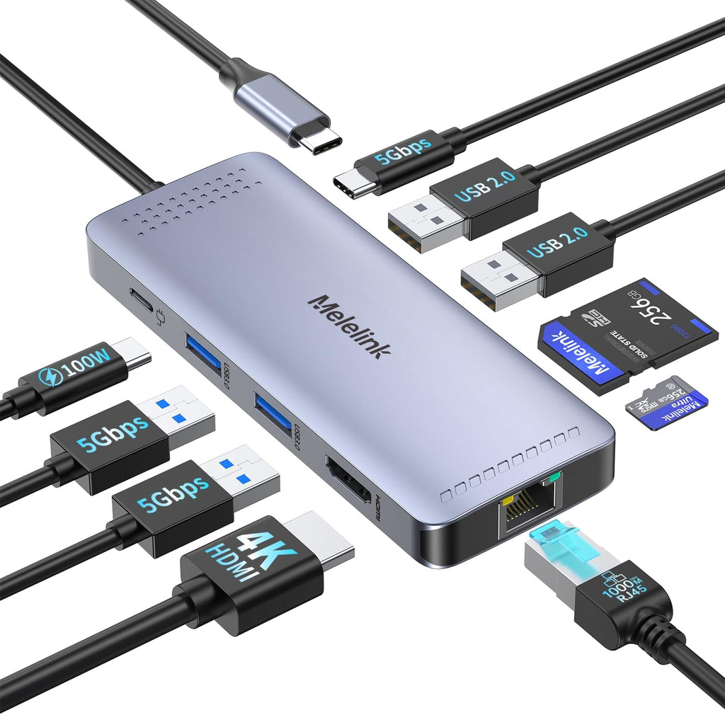 USB C Hub Ethernet, 10 in 1 Multiport Adapter USB-C to HDMI 4K@60Hz by Melelink