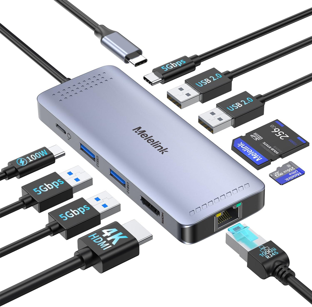 USB C Hub Ethernet, 10 in 1 Multiport Adapter USB-C to HDMI 4K@60Hz by Melelink