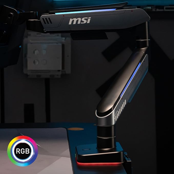 MSI MPG MT201R V2 - Premium RGB Single Monitor Stand Arm, Supports 17-49" Screens and 44 lbs, VESA Compatible, Adjustable Heavy Duty Gas Spring Mount, Clamp & Grommet, Quick Release Plate - Gray - Image 8