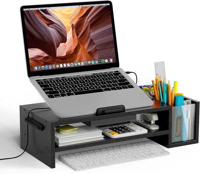 AFOOYO Adjustable Wood Laptop Stand, Ergonomic Height & Angle Computer Riser with Pen Holder – Compatible with MacBook Air/Pro, Dell, HP, Lenovo & 10-17.3" Notebooks – Black by AFOOYO