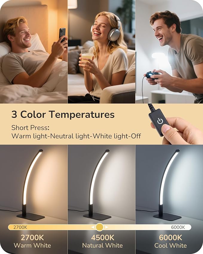 EDISHINE Curved LED Table Lamp, Modern Bedside Lamps for Bedroom, Black | 3 Color Temperature & Stepless Dimming, Aluminum & Iron, Silicone Lampshade, Ideal for Living Room, Office - Image 4