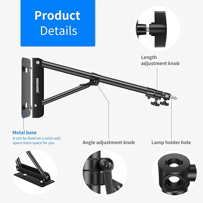 NEEWER Wall Mounting Triangle Boom Arm for Ring Light & Photography Gear | For Monolight, Softbox, Reflector, Umbrella, and Strobe Light, Support 180 Degree Rotation, Max Length 4.3 ft/130cm (Black) - Image 7