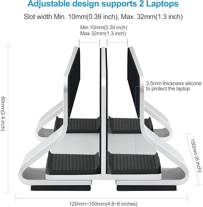 Aluminum Dual Vertical Laptop Stand Dock Holder, Supports 2 Devices, Adjustable Slot Width 15-36mm, Space-Saving Upright Storage for MacBook and Laptops - Image 4