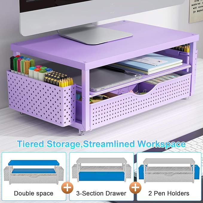 gianotter Desk Organizers and Accessories, Monitor Stand with Drawer and 2 Pen Holder, Desktop Organizer Suitable for Offices and Dormitories (Purple-Plain) - Image 6