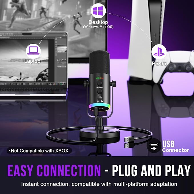 Dynamic Microphone, USB-C/XLR Podcast Recording PC Microphone for Podcast Recording Streaming Gaming with RGB Light, Mute Button, Desktop Stand, Headphones Jack, Vocal Mic for Singing Tiktok YouTube - Image 4